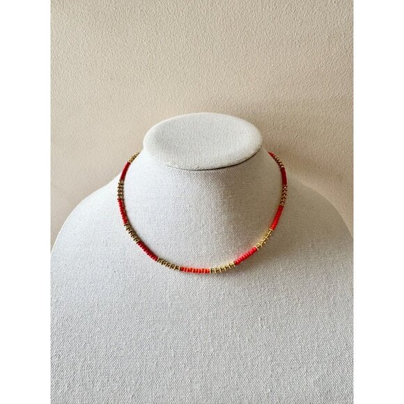 Vintage Unbranded Gold Tone Red Orange Beaded Choker Necklace - Picture 1 of 9